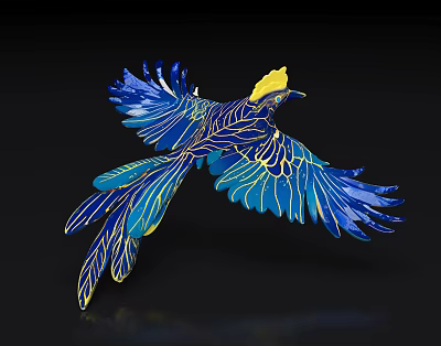 Flying Bird Sculpture With Blue And Yellow Feathers Spread Wings Golden Patterns Black Background 3d model