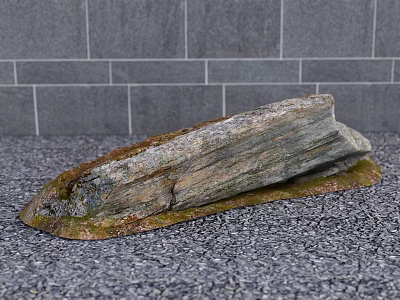 Natural Stone with Rustic Wooden Base on Gray Floor Against Gray Tiled Wall 3d model