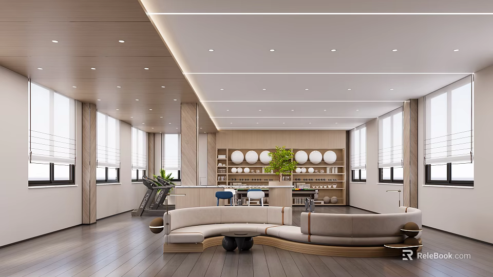 Modern Break Room Interior With Curved Sofa Bar Counter Plants And Large Windows 3d model 
