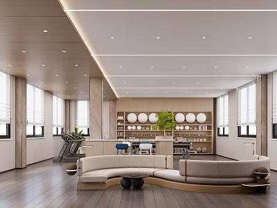 Modern Break Room Interior With Curved Sofa Bar Counter Plants And Large Windows 3d model