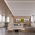 Modern Break Room Interior With Curved Sofa Bar Counter Plants And Large Windows