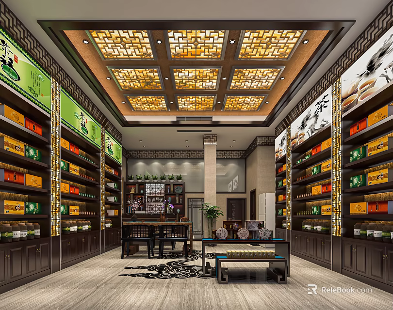 Traditional Chinese Specialty Store Interior With Decorative Ceiling And Product Shelves 3d model 