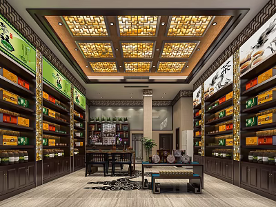 Traditional Chinese Specialty Store Interior With Decorative Ceiling And Product Shelves 3d model