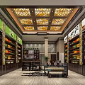 Traditional Chinese Specialty Store Interior With Decorative Ceiling And Product Shelves