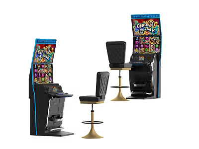 Entertainment Appliances Slot Machines with Colorful Display Screens and Matching High Stools 3d model
