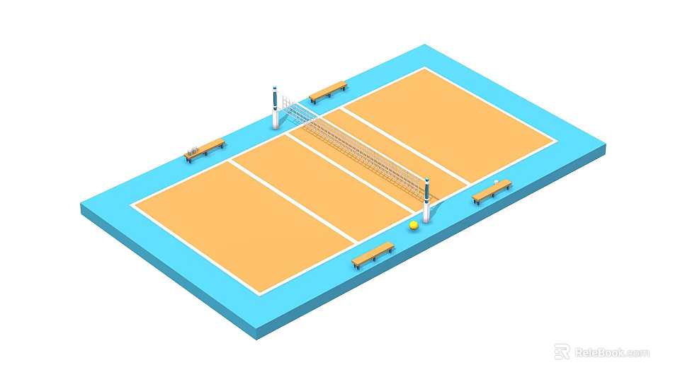 Orange Volleyball Court With Net Benches Yellow Volleyball And Blue Border 3d model 