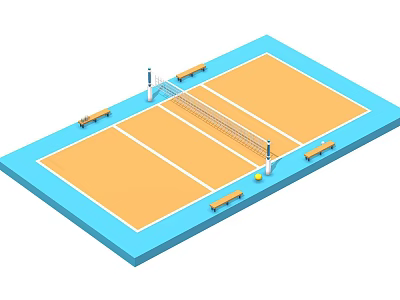 Orange Volleyball Court With Net Benches Yellow Volleyball And Blue Border 3d model