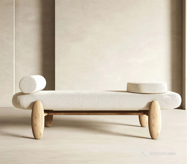 Light Upholstered Ottoman With Round Pillows And Wooden Legs In Minimalist Design 3d model 