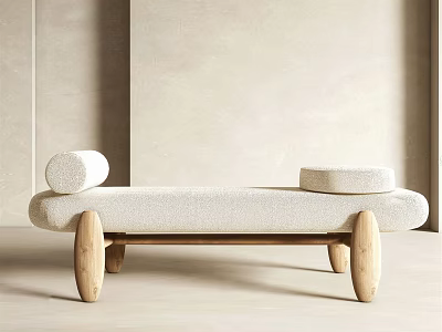 Light Upholstered Ottoman With Round Pillows And Wooden Legs In Minimalist Design 3d model