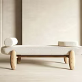 Light Upholstered Ottoman With Round Pillows And Wooden Legs In Minimalist Design