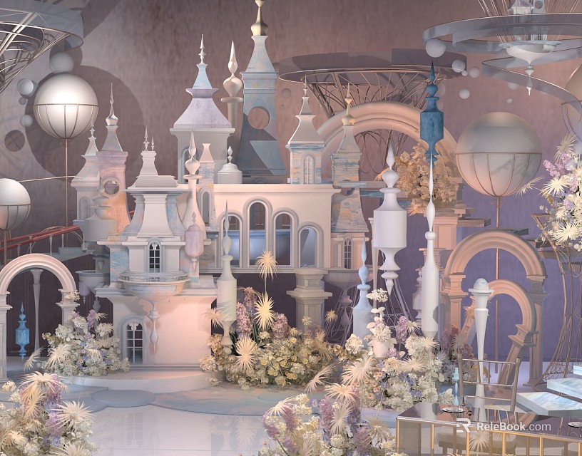 Dreamy Fairy Tale Castle Decor With Floral Arrangements Arches And Chandeliers 3d model 