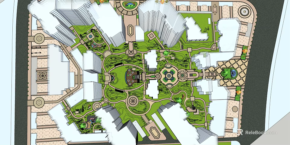 Garden Landscape Design With Green Spaces Walking Paths Central Circular Area And Surrounding Buildings 3d model 