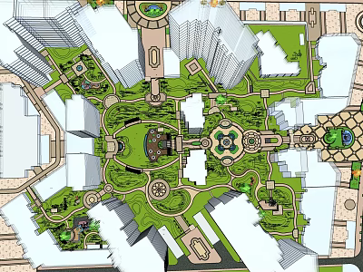 Garden Landscape Design With Green Spaces Walking Paths Central Circular Area And Surrounding Buildings 3d model