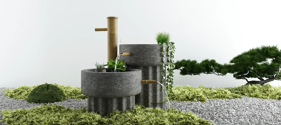 Stone Garden Fountain With Water Flow Surrounded By Green Plants Moss And Pine Tree 3d model 