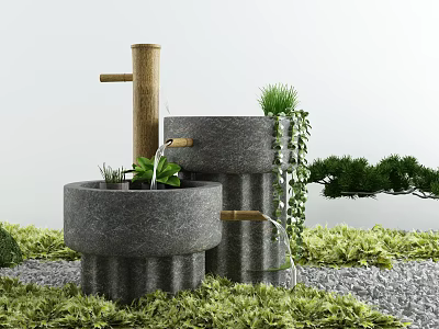 Stone Garden Fountain With Water Flow Surrounded By Green Plants Moss And Pine Tree 3d model