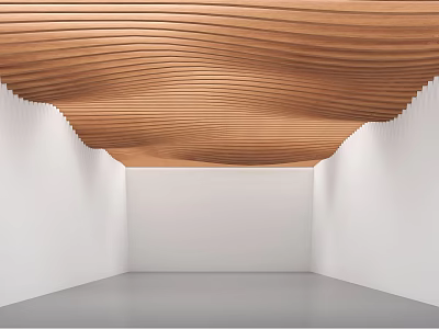 Wooden Wavy Striped Ceiling Design in Modern Interior Space With White Walls 3d model