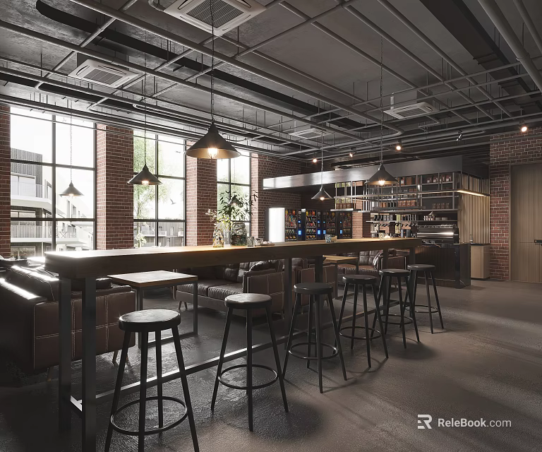 Modern Industrial Café Featuring High Ceiling Exposed Metal Pipes Large Windows Bar Stools Green Plants 3d model 