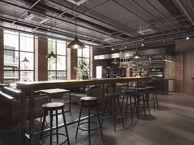 Modern Industrial Café Featuring High Ceiling Exposed Metal Pipes Large Windows Bar Stools Green Plants 3d model