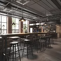 Modern Industrial Café Featuring High Ceiling Exposed Metal Pipes Large Windows Bar Stools Green Plants