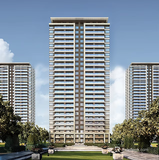 Modern High Rise Residential Buildings With Green Trees And Blue Sky 3d model 
