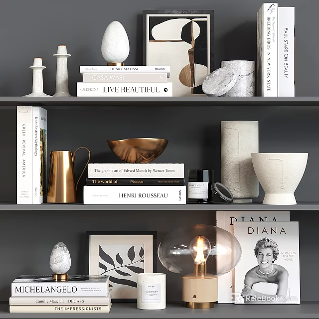Decorative Ornament Set On Layered Shelves With Stacked Books Golden Bowl White Vases Marble Accents Lamp Picture Frame 3d model 