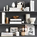 Decorative Ornament Set On Layered Shelves With Stacked Books Golden Bowl White Vases Marble Accents Lamp Picture Frame