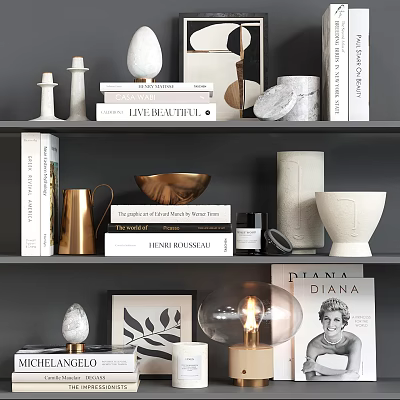 Decorative Ornament Set On Layered Shelves With Stacked Books Golden Bowl White Vases Marble Accents Lamp Picture Frame 3d model