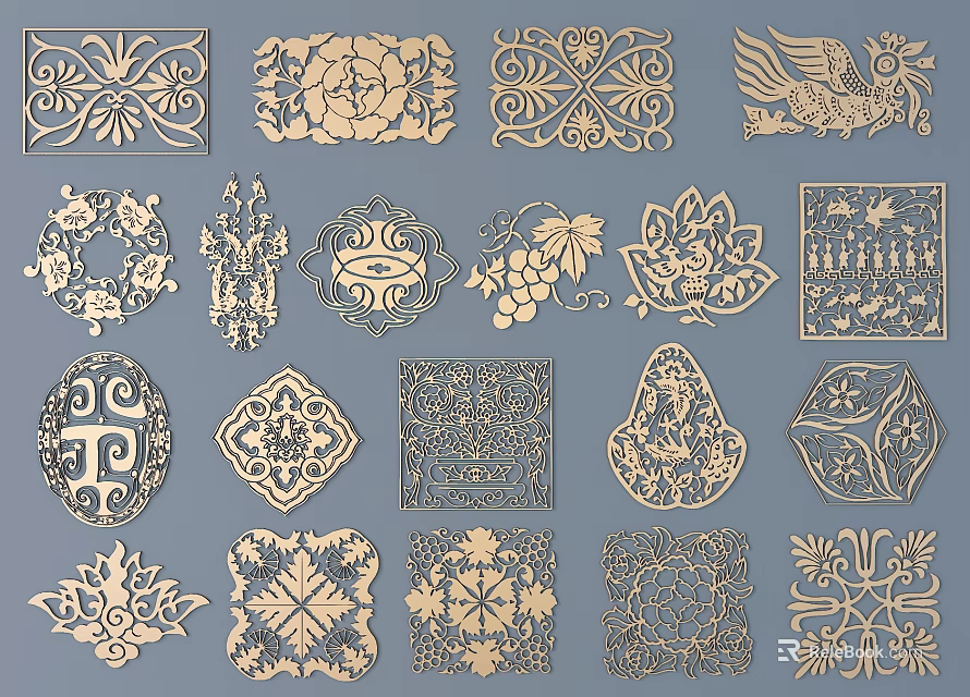 Traditional Decorative Wooden Carvings Featuring Various Floral Leaf And Geometric Patterns 3d model 