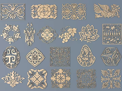 Traditional Decorative Wooden Carvings Featuring Various Floral Leaf And Geometric Patterns 3d model
