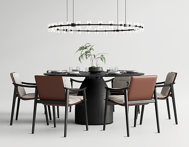 Minotti Round Table Dining Table and Chair Box Dining Table and Chair Chandelier 3d model