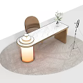 Modern Office Desk With Beige Chair Table Lamp Vase And Ring Light On Round Rug