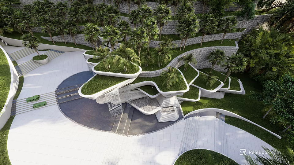 Layered Garden Landscaping Features With Curved Structures Lush Green Plants And Stone Pathways 3d model