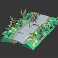Miniature Scenic Path with Bicycle Lush Green Plants and Yellow Flowers