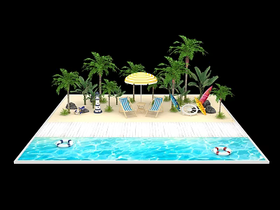 Relaxing Tropical Beach Pool Area With Palm Trees Umbrella And Lounge Chairs 3d model