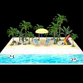 Relaxing Tropical Beach Pool Area With Palm Trees Umbrella And Lounge Chairs