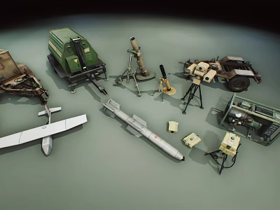 Different Military Weapons Collection With Missiles Drones Artillery Radar And Equipment 3d model