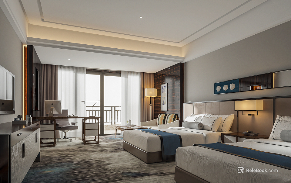 Modern Hotel Room Interior With Twin Beds Balcony View Desk Chair Carpet And Lighting 3d model 