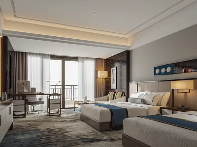 Modern Hotel Room Interior With Twin Beds Balcony View Desk Chair Carpet And Lighting 3d model