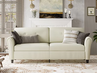 Cream Two Seater Sofa With Throw Pillows In Cozy Living Room With Fireplace And Artwork 3d model