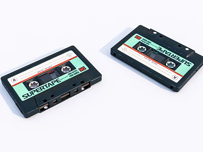 Super Tape Audio Cassettes In Black Cases Displayed On White Background 3d model