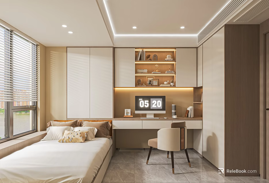 Modern Tatami Bedroom Interior With Bed Desk Chair Bookshelf And Window Blinds 3d model 