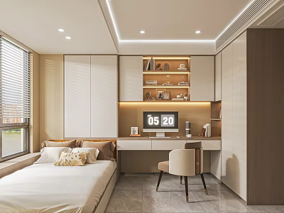 Modern Tatami Bedroom Interior With Bed Desk Chair Bookshelf And Window Blinds 3d model