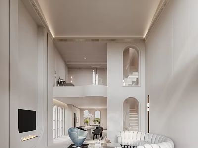 Modern Minimalist Living and Dining Room Interior With White Ceiling Arched Windows Staircase And Sofa 3d model