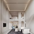 Modern Minimalist Living and Dining Room Interior With White Ceiling Arched Windows Staircase And Sofa