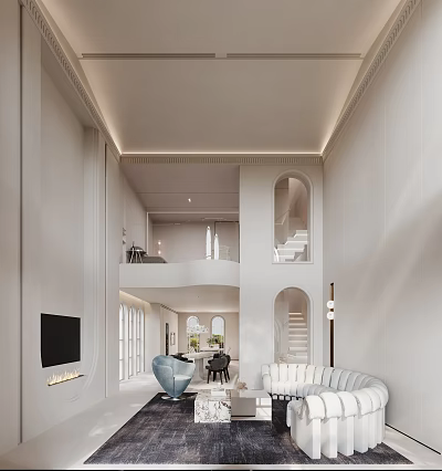 Modern Minimalist Living and Dining Room Interior With White Ceiling Arched Windows Staircase And Sofa 3d model