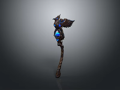 Mystical Winged Staff Weapon with Blue Glowing Elements and Ornate Wooden Structure 3d model