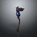 Mystical Winged Staff Weapon with Blue Glowing Elements and Ornate Wooden Structure