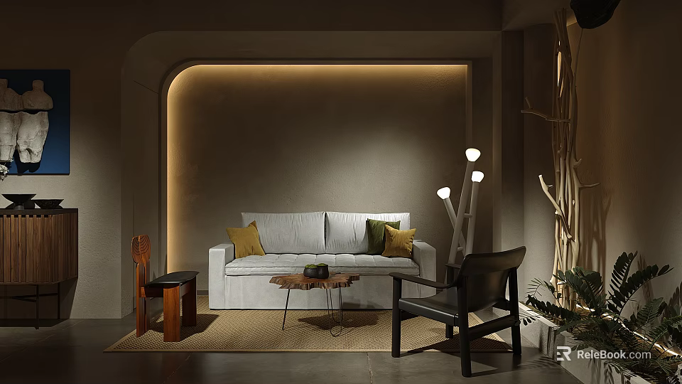 Modern Living Room Interior with Curved Wall Lighting Beige Sofa Cushions Wooden Table Chairs Rug 3d model 