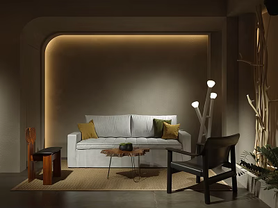Modern Living Room Interior with Curved Wall Lighting Beige Sofa Cushions Wooden Table Chairs Rug 3d model
