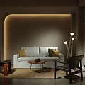 Modern Living Room Interior with Curved Wall Lighting Beige Sofa Cushions Wooden Table Chairs Rug
